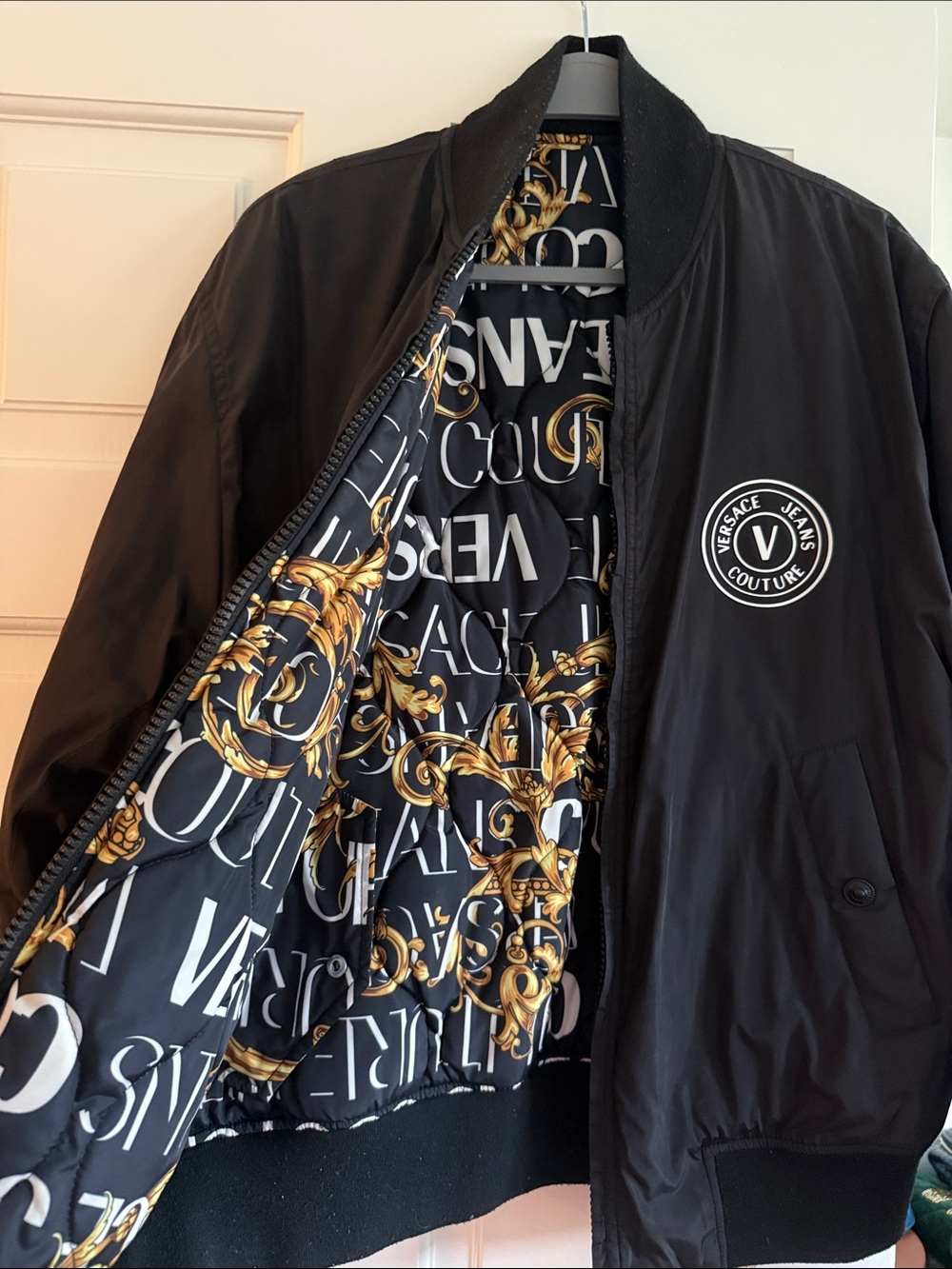 Versace Jeans Collection Black Bomber Jacket with Gold Baroque Lining